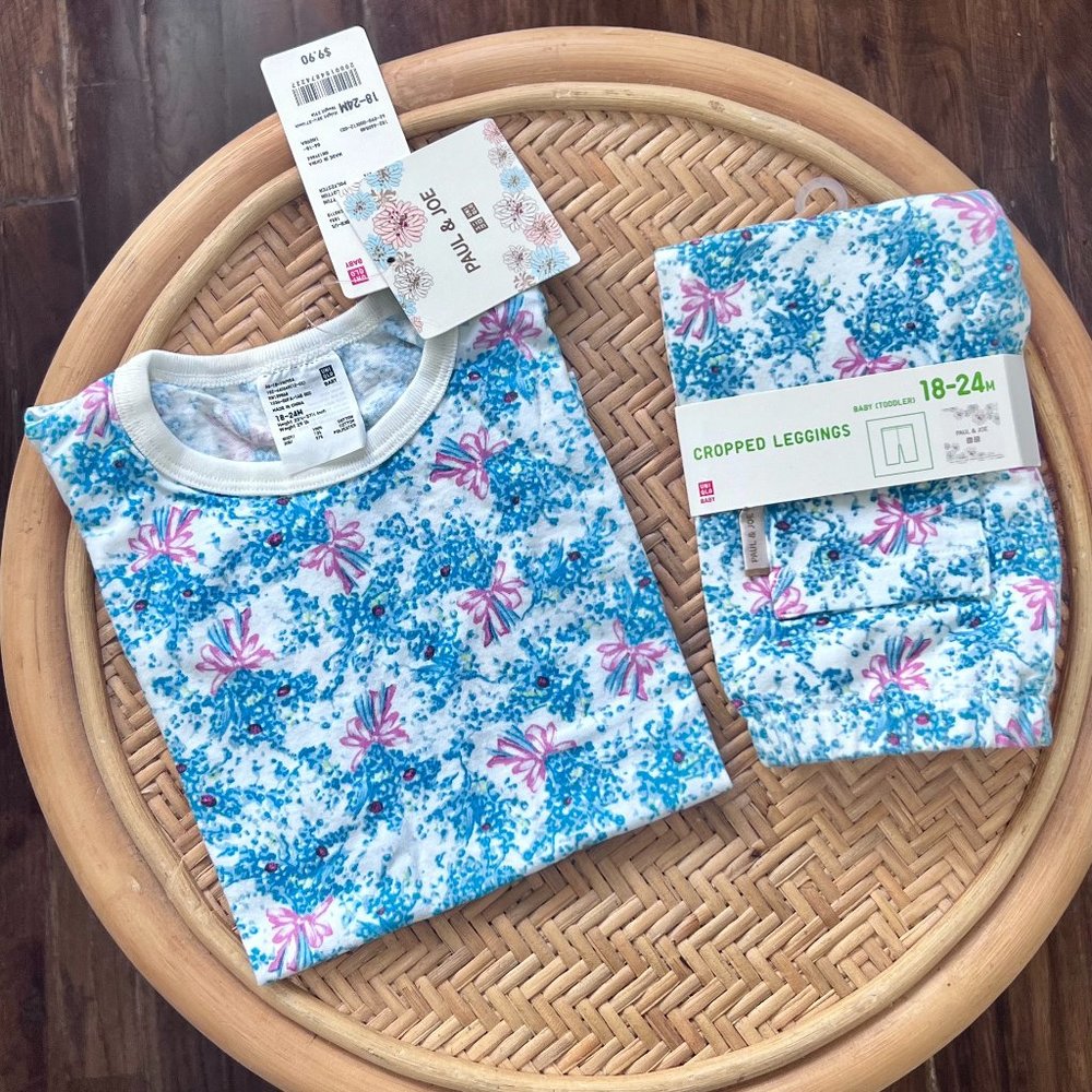 Paul and Joe Uniqlo Baby Blue Pink Floral Toddler Girls T-Shirt and Leggings Set